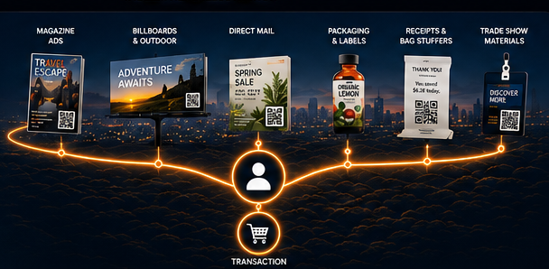 Marketing touchpoints connected by a glowing attribution path into a customer transaction
